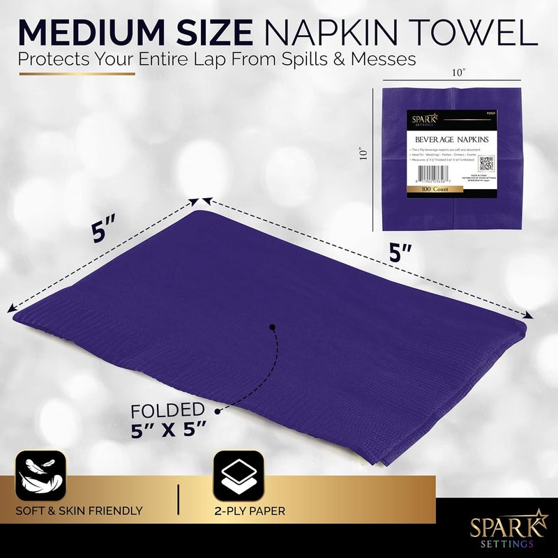 Amcrate 100 Pack Purple Beverage Napkins, Big Party Pack, 2 Ply, Ideal for Wedding, Party, Birthday, Dinner, Lunch, Cocktails. (5” x 5”) by - Image 3